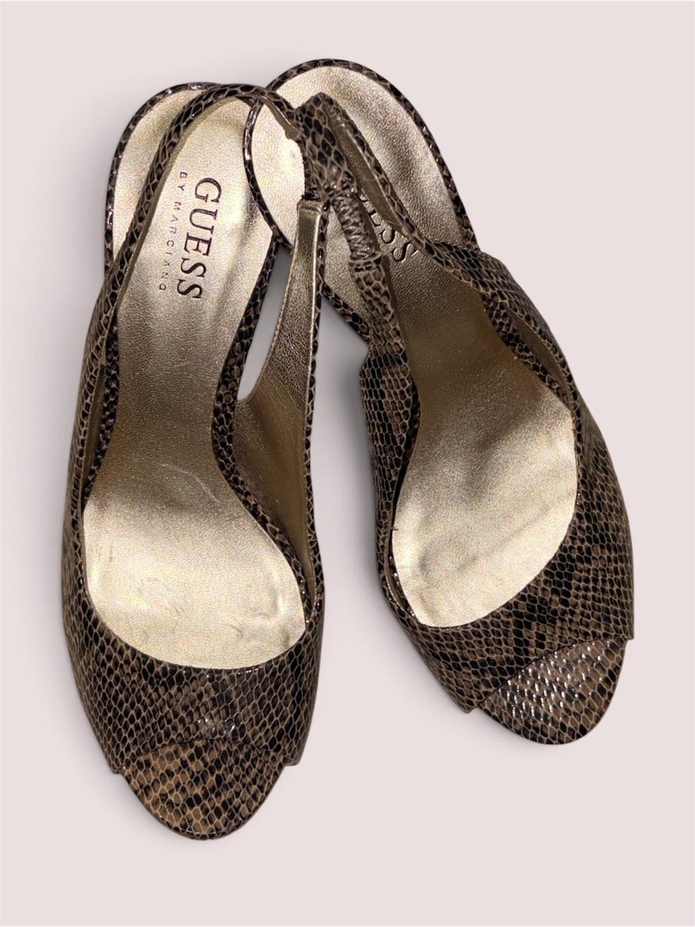 GUESS By MARCIANO Brown Snake-Print Slingback Open-Toe Mules